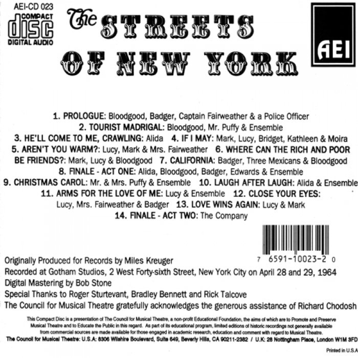 CD STREETS OF NEW YORK Original New York Cast 1964 > Musical CDs
