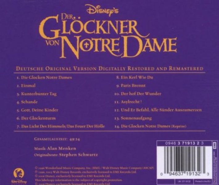 Cd Hunchback Of Notre Dame Original Filmsoundtrack 1996 Deutsche