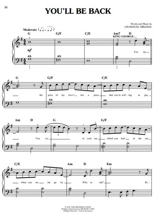 Noten HAMILTON (Easy Piano Selections) > Musical, Playback, Playbacks