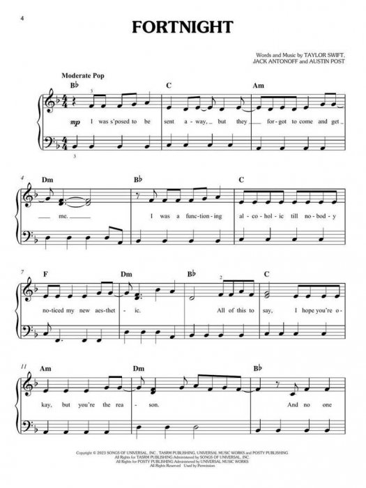 Sheet Music Taylor Swift - The Tortured Poets Department (easy Piano 